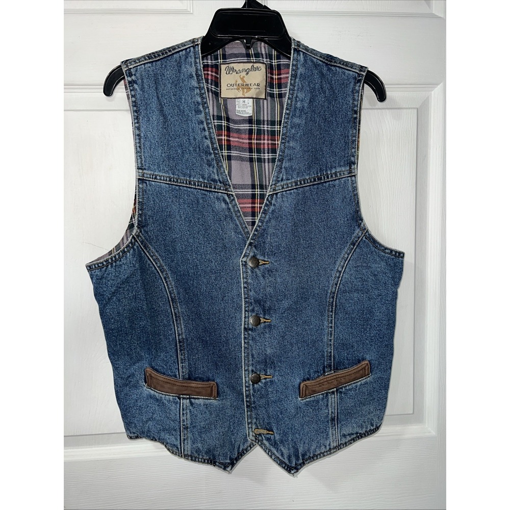 Vintage Wrangler Outerwear Vest Denim Leather Trim Plaid Lined Size Medium